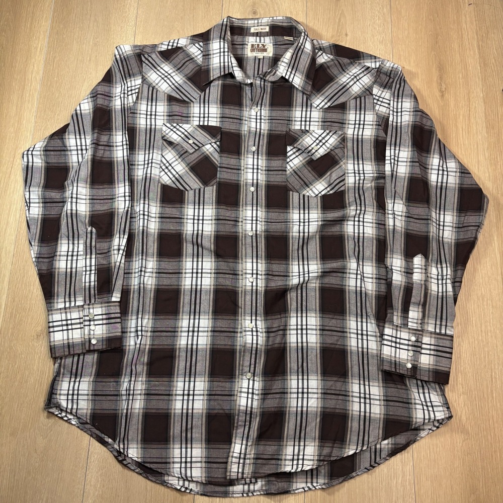 Ely Cattleman Brown Plaid  Button Down Western Pearl Snap Shirt 2XLT Tall Man